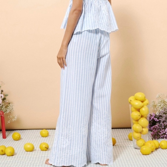 Frnch NWT Blue And White Striped Drawstring Wide Leg Pants Embroidered Small - Picture 8 of 12